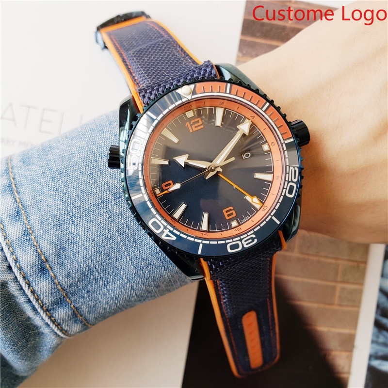 Rubber Strap Diver - Męski zegarek nurkowy GMT z niebiesko-pomarańczowym
