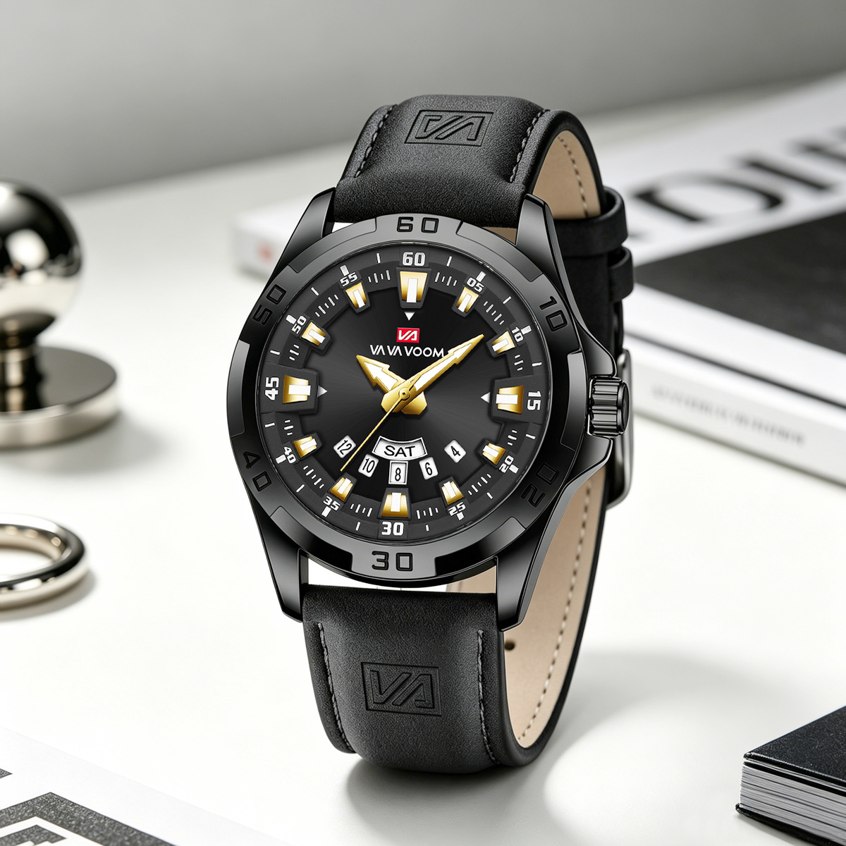 Leather Watch Band Men - Męski zegarek z czarnym skórzanym paskiem,